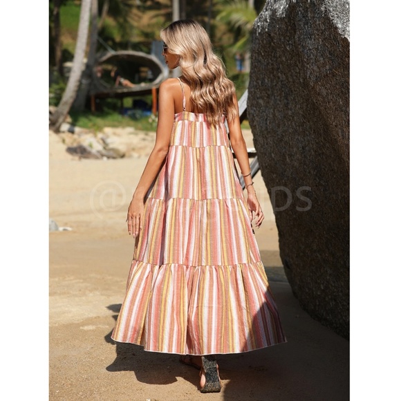 Striped Maxi Dress Flowy Flared A-line Spaghetti Straps Multicolor Long Ruffle - Picture 2 of 7